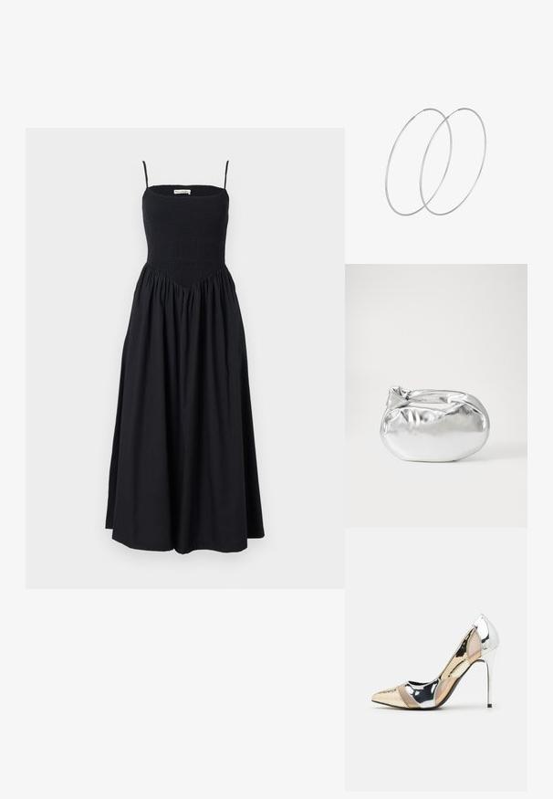 Zwarte midi-jurk met dunne bandjes, gerimpelde body en een vloeiende rok. Gemaakt van lichtgewicht stof met een gladde textuur.; Puntige hoge hak schoenen met een zilver, goud en nude kleurenschema. Glanzende afwerking met uitsnijdingen en een stiletto hak.; Zilveren metalen pouch bag met een zachte, afgeronde vorm en een geknoopte sluiting aan de bovenkant. Gemaakt van soepel faux leren materiaal.; Zilveren hoepel oorbellen met een minimalistisch ontwerp. Cirkelvormig, gladde textuur en dun profiel. Lichtgewicht met een gepolijste afwerking.