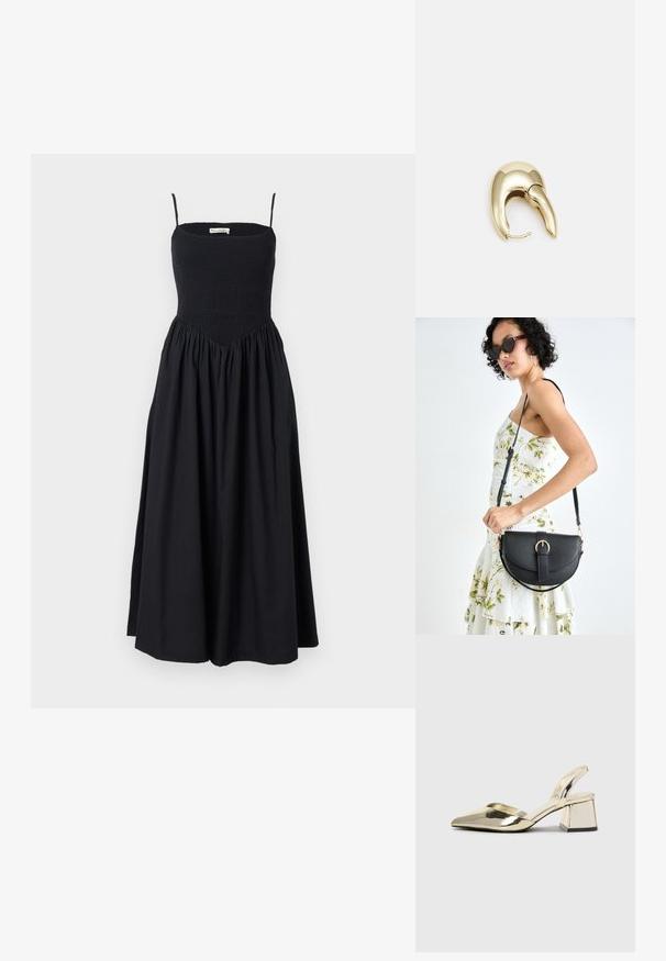 Czarna midi sukienka na cienkich ramiączkach, z marszczonym topem i zwiewnym dołem. Wykonana z lekkiego materiału o gładkiej fakturze.; Złote, metaliczne szpilki z boku z wydłużonym noskiem i grubym obcasem. Gładka faktura, minimalistyczny design i wąski pasek.; Czarna skórzana torebka o zakrzywionym kształcie, z odpinanym paskiem i złotymi akcentami. Torebka posiada klapę z zapięciem w kształcie klamry.; Złote metalowe kolczyki o eleganckim, zakrzywionym kształcie. Posiadają charakterystyczny szpiczasty kształt, polerowaną powierzchnię oraz zapięcie na zawias.