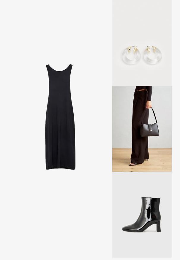 Melna bezpiedurkņu maksi kleita ar apaļu dekoltē un taisnu, plūstošu siluetu uz baltas fona.; Melnas patentētas ādas potīšu zābaki ar norādītu pirkstu un vidēja augstuma kvadrātveida papēdi. Gluda tekstūra un minimālisma dizains.; Melnā somiņa ar strukturētu formu, gludu tekstūru un metālu sprādzi. Saskaņota ar platām melnām biksēm un sandālēm ar atvērtu purngalu uz koka grīdas.; Caurspīdīgas akrila gredzenveida auskari ar zelta toņa metāla akcentiem un gludu apdari. Iespējas ir vienmērīgas, apaļas formas dizains.