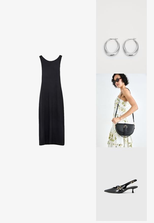 Črna brezrokavna maksi obleka z izrezom in ravno, prosto padajočo silhueto na beli podlagi.; Črne patentne usnjene petke s slingback dizajnom, ostrim nosom, dvema trakoma z zlatimi sponkami in kratko kitten peto. Gladka tekstura.; Črna usnjena torbica s ukrivljeno obliko, z odstranljivo naramnico in zlatimi dodatki. Torbica ima pokrov s podrobnostmi v obliki zaponke.; Par srebrne polirane obroče v obliki lune z zankami na belem ozadju.