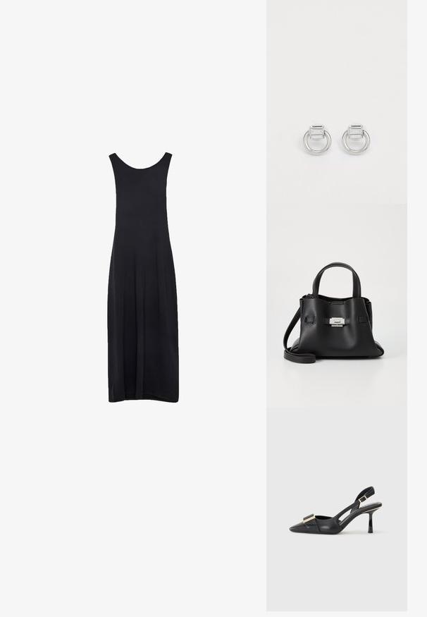 Čierna maxi šaty bez rukávov s výstrihom do tvaru lopatky a priamym, splývavým strihom na bielom pozadí.; Čierne kožené slingback topánky s špicatou špičkou, štíhlym podpätkom a akcentom zlatého tónu na priehlavku. Hladká textúra a štruktúrovaný dizajn.; Čierna kožená kabelka s textúrovaným povrchom, ktorá má dve vrchné rukoväte, odnímateľný popruh cez rameno a strieborný uzáver.; Strieborné kovové náušnice s obdĺžnikovým kameňom na vrchu kruhovej obrúčky. Hladká textúra, minimalistický dizajn a geometrický tvar.