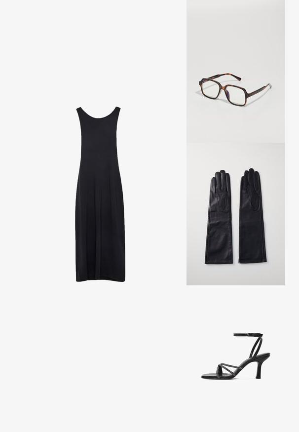 Czarna, bezrękawnikowa sukienka maxi z okrągłym dekoltem i prostym, swobodnym krojem na białym tle.; Czarne sandały na wysokim obcasie z otwartym palcem, z krzyżującymi się paskami ozdobionymi małymi koralikami oraz regulowanym paskiem wokół kostki.; Okulary przeciwsłoneczne w kratkę, z kwadratowymi oprawkami, przezroczystymi soczewkami i smukłymi zausznikami z subtelnym detalem logo. Wykończenie matowe i błyszczące.; Anna Field - Rękawiczki pięciopalcowe