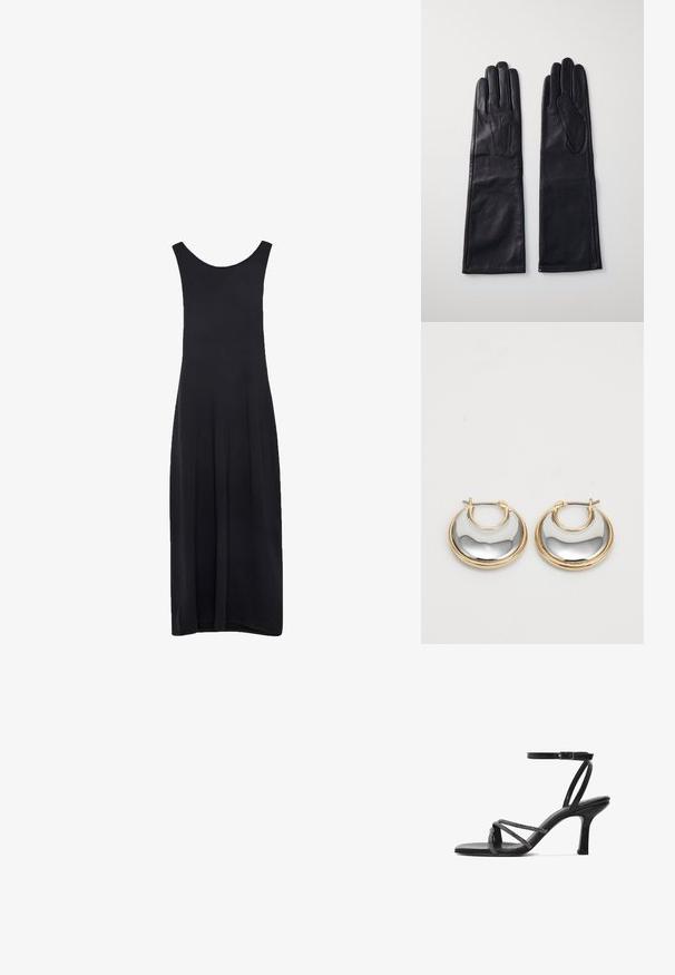 Zwarte mouwloze maxi-jurk met een ronde halslijn en een rechte, vloeiende silhoutte tegen een witte achtergrond.; Zwarte hoge hak sandaal met een open teen, voorzien van kruislings gespen versierd met kleine kralen en een verstelbare enkelband.; Anna Field LEATHER - Handschoenen - black; Kleine hoepel oorbellen met een gouden buitenrand en een glanzend, reflecterend zilveren binnenoppervlak, naast elkaar weergegeven op een witte achtergrond.