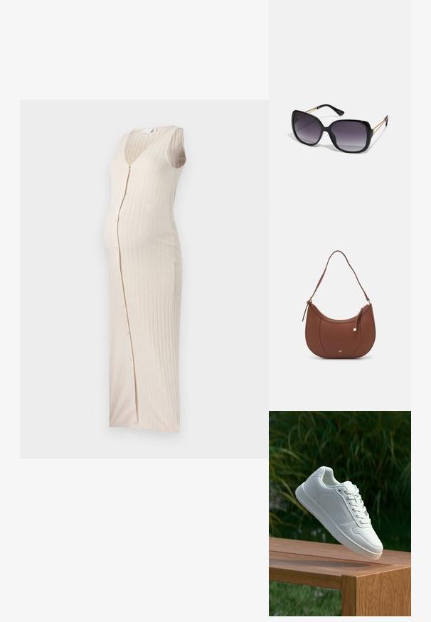 Rochie de maternitate bej, cu un decolteu rotund, fără mâneci și detalii cu nasturi pe față. Textură moale din tricot.; Sneaker alb cu un upper sintetic neted, cu vârf perforat, șireturi plate și o talpă texturată, expus pe o suprafață de lemn.; Ochelari de soare negri, supradimensionați, cu lentile degradate, rame groase și detalii cu lanț de ton auriu pe brațele templului.; Geantă de umăr din piele ecologică maro, cu o formă curbată, cusături minime și un accent din metal auriu. Are un închidere cu fermoar în partea de sus și o curea ajustabilă.
