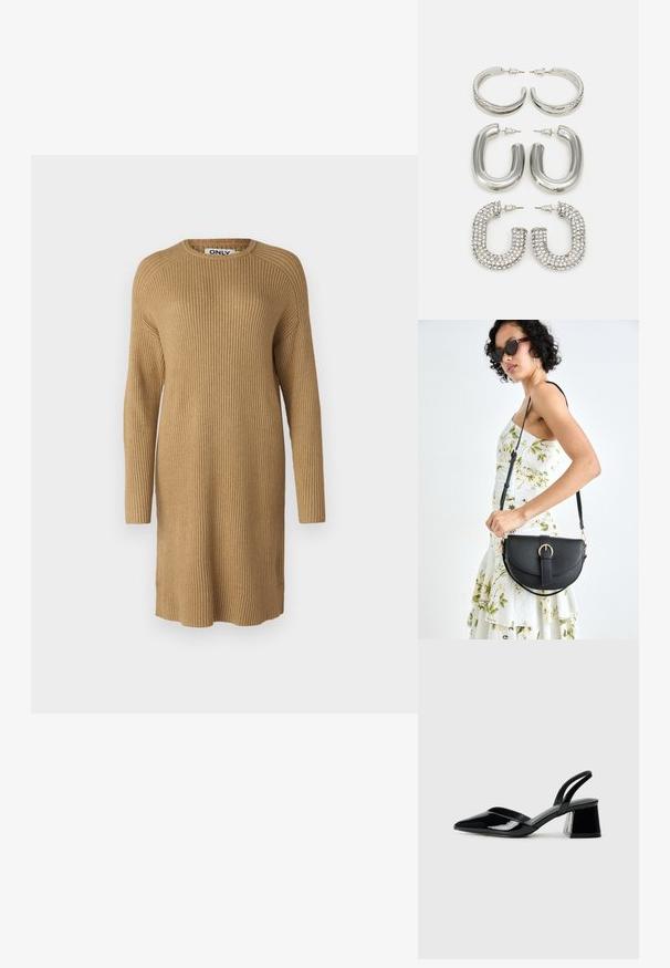 Térd aljáig érő, bordás kötésű ruha világosbarna színben, hosszú ujjakkal és kerek nyakkivágással. Oldalsó hasítékokkal rendelkezik a szabad mozgás érdekében.; Fekete lakk bőr szandálkés magas sarkú cipő, hegyes orral és geometrikus tömbsarkakkal. Karcsú, minimalista dizájn és sima textúra jellemzi.; Fekete bőrtáska ívelt formával, levehető pánttal és arany színű fémrészekkel. A táskán egy csattal díszített fedél található.; Négy pár ezüst fülbevaló: két fényes, sima karika design, egy texturált, és egy apró világos cirkonkövekkel díszített.