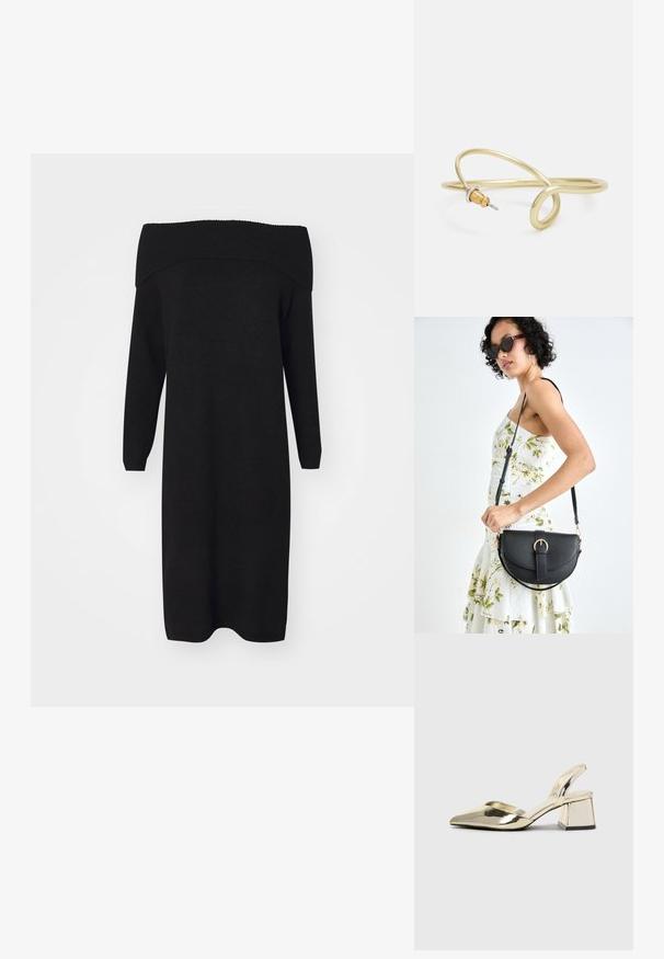 Melna trikotāžas kleita bez plecu pūrushu, ar garām piedurknēm un ribotu kakla izgriezumu. Gluda tekstūra, ceļgala garuma dizains, universāla dažādām iznākuma reizēm.; Zeltaini, metāla kurpes ar siksniņām, norakans purngalis un masīla papēdis. Gluda tekstūra, minimālisma dizains un šaura siksna.; Melnas ādas rokassoma ar izliekta formu, noņemamu siksnu un zelta aksesuāriem. Somai ir vāciņš ar sprādzes detaļu.; Zelta krāsas metāla aproce ar šķidrām, viļņveidīgām formām. Vienā galā ir neliels, izteikts sudraba krāsas akcents.