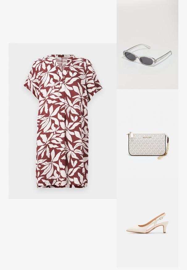 Maroon klänning med vitt bladmönster, korta ärmar, V-ringning och rak passform. Tillverkad av lätt tyg, lämplig för varmt väder.; Vit slingbackklack med spetsig tå, slät ovandel, låg blockklack och sidoutskärning med justerbar spänne.; Sunglasses med oval form, klar plastbygel, mörkgrå linser och tunna genomskinliga armar med logotypsaccent och minimalt detaljerad design.; Michael Kors handledos i beige belagd kanvas med ett upprepande MK-logomönster, gyllene detaljer och ett avtagbart kedjehandtag.
