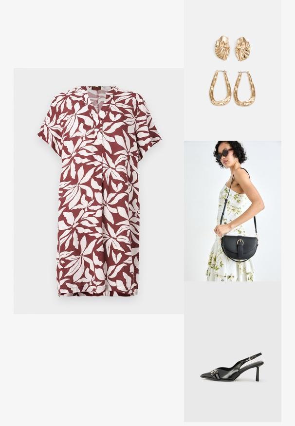 Bordo kleita ar baltu lapu rakstu, īsām piedurknēm, V veida kakla izgriezumu un taisnu piegriezumu. Izgatavota no viegla auduma, kas ir piemērots siltam laikam.; Melnā patentēta ādas sandale ar norādītu purngalu, potītes siksniņām ar sudraba sprādzēm un aparatūru, kā arī smalku papēdi.; Melnas ādas rokassoma ar izliekta formu, noņemamu siksnu un zelta aksesuāriem. Somai ir vāciņš ar sprādzes detaļu.; Zelta krāsas auskari ar teksturētām, viļņotām formām. Iekļauts skulpturāls piespraužams modelis un atvērta gredzenveida konstrukcija ar izsistām virsmām.