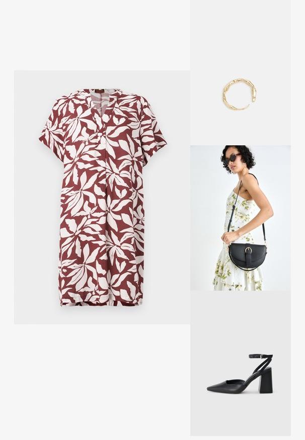 Bordo suknelė su baltu lapų raštu, trumpomis rankovėmis, V formos iškirpte ir tiesiu kirpimu. Pagaminta iš lengvos medžiagos, tinkama šiltam orui.; Juoda odinė smailiagalė aukštakulnio bateliai su kulkšnies dirželiu ir storu kulnu. Lygus paviršius, elegantiškas dizainas ir minimalistiška estetinė. ; Juodas odinis krepšys su išlenkta forma, nuimamu dirželiu ir auksiniais detalėmis. Krepšys turi kilpą su sagtimi.; Auksinės spalvos žiedas, turintis organišką, sukimosi dizainą su lygiu paviršiumi ir siaurėjančiais galais, sukuriantis modernią skulptūrinę išvaizdą.