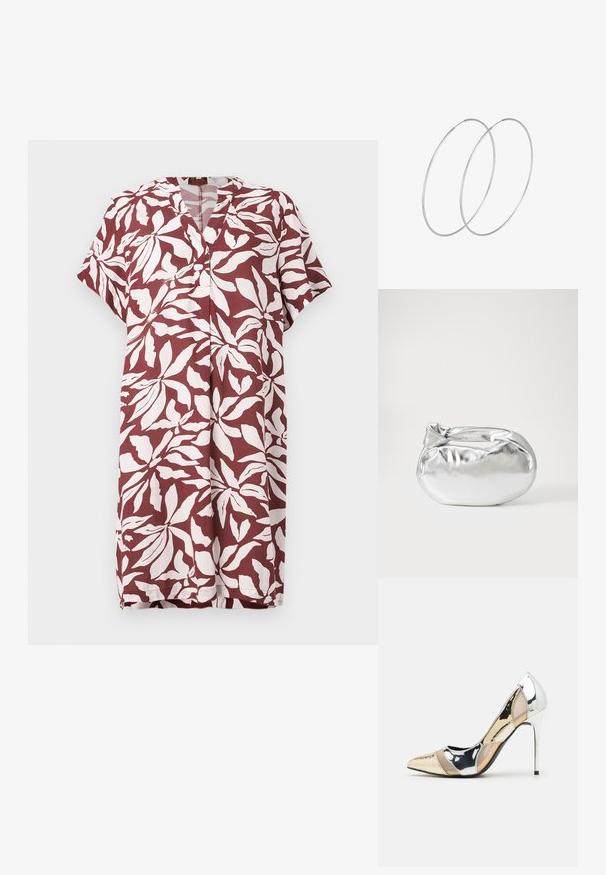 Bordo suknelė su baltu lapų raštu, trumpomis rankovėmis, V formos iškirpte ir tiesiu kirpimu. Pagaminta iš lengvos medžiagos, tinkama šiltam orui.; Aštrus pirštas aukštakulnis batelis su sidabro, aukso ir nuogų spalvų deriniu. Blizgus paviršius su išpjovos dizainu, su stiletto kulnu.; Sidabrinė metalinė maišelio forma su švelnia, apvalia forma ir mazgu užveriamu viršumi. Pagaminta iš lygios dirbtinės odos medžiagos.; Sidabrinės pusmėnulio auskarai minimalistiniu dizainu. Apskritimo forma, lygus paviršius ir plonas profilis. Lengvi su poliruotu apdailu.