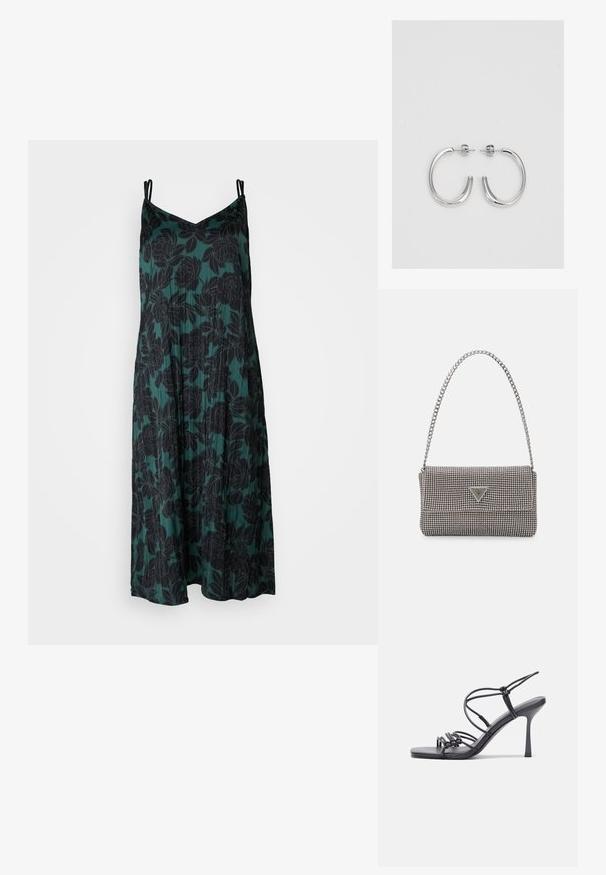 Zelena cvjetna haljina s v-izrezom, tankim naramenicama i lepršavim siluetom. Tkanina ima mekanu teksturu s crnim uzorkom ruža.; Crne sandale na visokoj potpetici imaju tanke trake s čvorastim dizajnom, glatki kvadratni vrh i elegantnu stiletto petu.; Svijetlosivi metalik ruksač s lancem, ukrašen malim okruglim metalnim zakovicama i trokutastim logotipom marke.; Srebro naušnice u obliku prstena s glatkom, sjajnom završnom obradom. Zaobljenog oblika, laganog dizajna, s kopčom na poleđini.