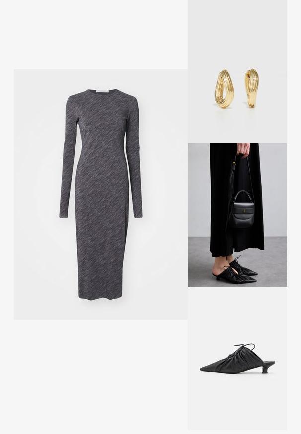 Garā piedurkņu kleita ar apaļu kakla izgriezumu tumši pelēkā krāsā ar strukturētu audumu. Pieguļošs siluets, midi garums, bezšuvju dizains.; Melnas ādas slīdējošās muļas ar piltuves formu, sakopotu tekstūru un mazu kaķu papēdi. Iezīme ir aukliņas detaļa pie atvēruma.; Maza melna ādas rokassoma ar noapaļotu formu, augšējo rokturi un noņemamu siksnu. Valkāta kopā ar melnu auduma kleitu un melniem kroku apaviem.; Zeltaini auskari ar griezumu dizainu, kas iezīmējas ar ribotu tekstūru un gludu apdari. Vieglas un tukšas konstrukcijas.