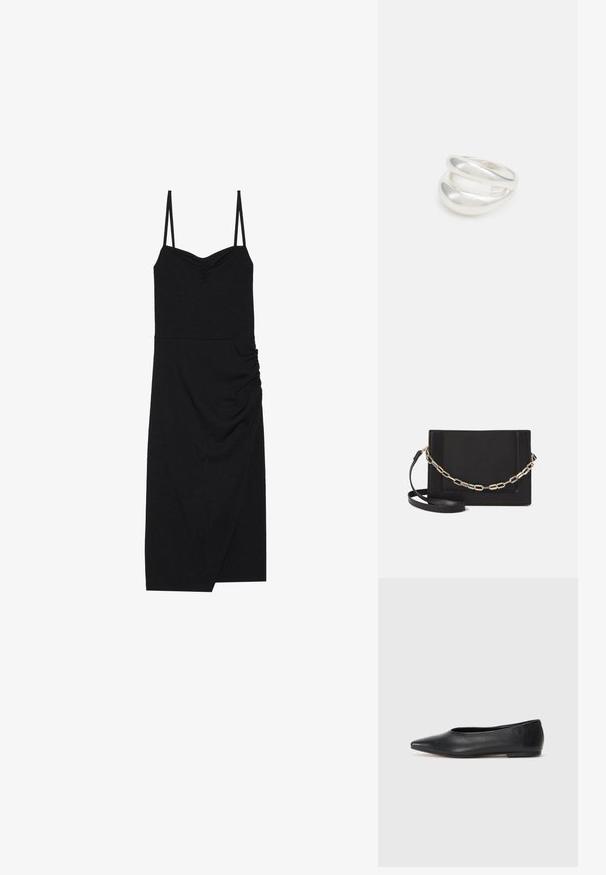 Melnas ribotas kleitas ar plānām regulējamām siksnām, sirds formas dekoltē, sānu drapēšana un asimetriska apmale. Izgatavota no elastīgas auduma.; Melna ādas baleta kurpe, ar norādītu purngalu, minimālisma dizains, gluda tekstūra, zema papēža augstums, bez redzamiem aksesuāriem vai rotājumiem.; Melna ādas crossbody soma ar gludu faktūru, taisnstūrveida formu un metalizētu ķēdes detaļu priekšā. Iekļauta regulējama siksna.; Sudraba divu joslu gredzens ar gludu, pulētu virsmu. Iezīmējas ar plūstošu, izliekta dizaina struktūru ar pārklājošām sekcijām modernam izskatam.