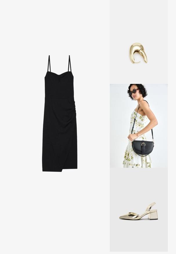 Črna rebrasta obleka z tankimi nastavljivimi naramnicami, z izrezom v obliki srca, stranskimi gubami in asimetričnim robom. Narejena iz raztegnjenega materiala.; Zlati, kovinski slingback čeveljci z ostrim nosom in masivnim peto. Gladka tekstura, minimalistična zasnova in ozka zanka.; Črna usnjena torbica s ukrivljeno obliko, z odstranljivo naramnico in zlatimi dodatki. Torbica ima pokrov s podrobnostmi v obliki zaponke.; Uhane nakit iz zlatastega tona z gladko, ukrivljeno zasnovo. Ima edinstveno koničasto obliko, polirano površino in zaponko s tečajem.