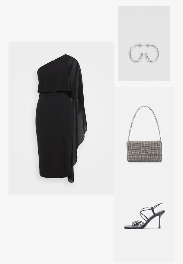 Čierne šaty s jednoramenným dizajnom, splývavým priesvitným plášťom a priliehavou sukňou so detailom bočného rozparku. Hladké a textúrované tkaniny.; Čierne sandále na vysokom podpätku majú tenké remienky s uzlovým dizajnom, hladký štvorcový špičku a elegantný stiletto podpätok.; Svetlošedá metalická kabelka s reťazovým popruhom, ozdobená malými kruhovými kovovými štítkami a trojuholníkovým logom značky.; Strieborné kruhové náušnice s hladkým a lesklým povrchom. Okrúhly tvar, ľahký dizajn, s uzáverom na kolík.