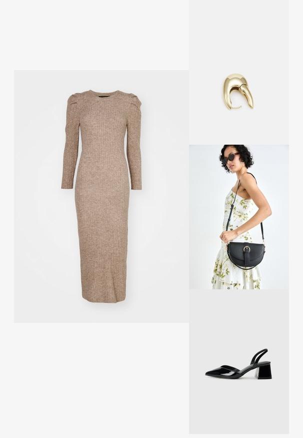 Rochie din tricot cu maneci lungi, cu model côtat, într-o nuanță de maro deschis, având un decolteu rotund și detalii cu umeri bufanți, cu o siluetă ajustată.; Pantofi cu toc slingback din piele lacuită neagră, cu vârf ascuțit și toc geometric. Prezintă un design elegant, minimalist și o textură netedă.; Geantă din piele neagră, cu o formă curbată, curea detașabilă și accesorii aurii. Geanta are un capac cu un detaliu tip cataramă.; Cercei din metal de culoare aurie cu un design elegant și curbat. Prezintă o formă distinctivă, ascuțită, o suprafață lustruită și un sistem de închidere cu balama.