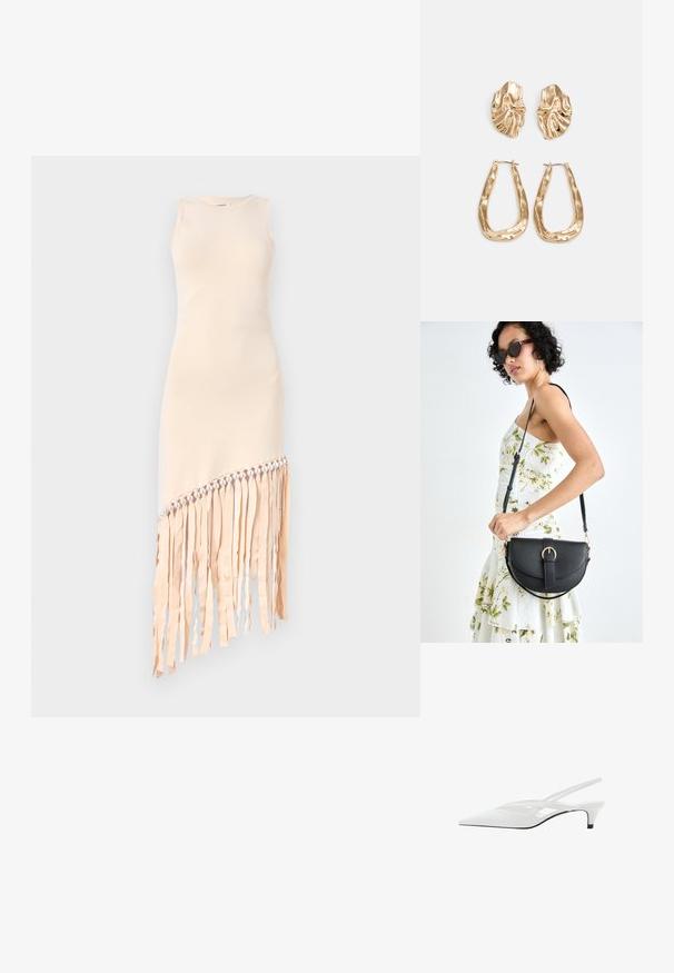 Rochie fără mâneci dintr-un material bej deschis, cu accente de franjuri și un rând de perle pe tiv, având o croială asimetrică.; Sandale albe cu toc slingback și vârf ascuțit, având un upper neted, decupaje subtile și un toc bloc mic. Talpa neagră accentuează designul.; Geantă din piele neagră, cu o formă curbată, curea detașabilă și accesorii aurii. Geanta are un capac cu un detaliu tip cataramă.; Cercei aurii cu forme texturate și ondulate. Include studs sculpturale cu clip și un design de cerc deschis cu un finisaj cioplit.