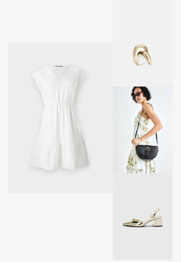 Bela obleka z V-izrezom, kratkimi rokavi in elastičnim pasom. Tkanina ima izrezljane vzorce in nabran rob.; Zlati, kovinski slingback čeveljci z ostrim nosom in masivnim peto. Gladka tekstura, minimalistična zasnova in ozka zanka.; Črna usnjena torbica s ukrivljeno obliko, z odstranljivo naramnico in zlatimi dodatki. Torbica ima pokrov s podrobnostmi v obliki zaponke.; Uhane nakit iz zlatastega tona z gladko, ukrivljeno zasnovo. Ima edinstveno koničasto obliko, polirano površino in zaponko s tečajem.