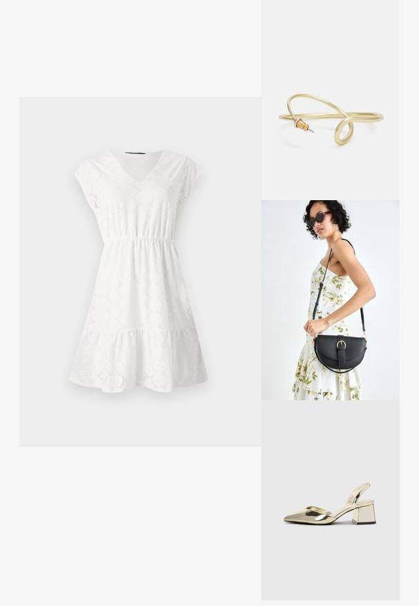 Balta kleita ar V-veida kakla izgriezumu, īsām piedurknēm un elastīgu jostasvietu. Audumam ir izgriezumi un viļņota apakšmala.; Zeltaini, metāla kurpes ar siksniņām, norakans purngalis un masīla papēdis. Gluda tekstūra, minimālisma dizains un šaura siksna.; Melnas ādas rokassoma ar izliekta formu, noņemamu siksnu un zelta aksesuāriem. Somai ir vāciņš ar sprādzes detaļu.; Zelta krāsas metāla aproce ar šķidrām, viļņveidīgām formām. Vienā galā ir neliels, izteikts sudraba krāsas akcents.