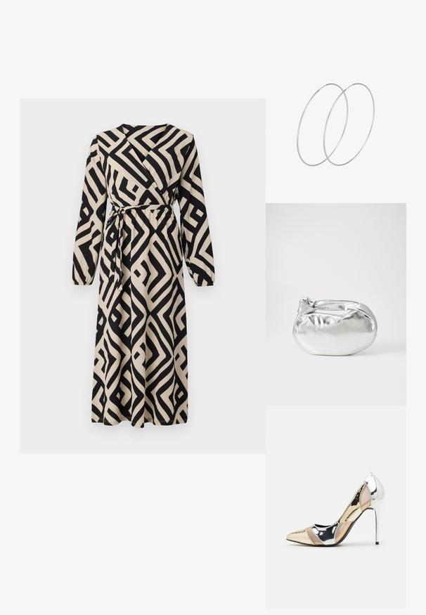 Crna i krem haljina na preklop s dugim rukavima, vezicom i geometrijskim uzorkom s jakim linijama i oblicima.; Cipele s visokom potpeticom i špicastim vrhom u srebrnoj, zlatnoj i nude boji. Sjajan finiš s izrezbarenim dizajnom, s potpeticom u obliku stiletto.; Srebrna metalik torbica s mekim, zaobljenim oblikom i čvorastim zatvaranjem na vrhu. Izrađena od glatke sintetičke kože.; Srebrne okrugle naušnice s minimalističkim dizajnom. Kružni oblik, glatka tekstura i tanak profil. Lagane s poliranim završetkom.