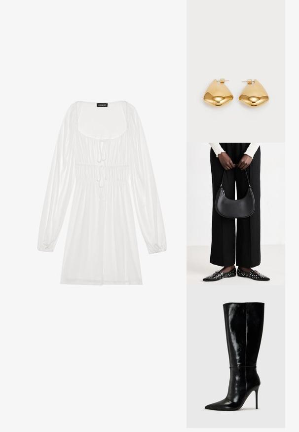 White long-sleeve dress with a square neckline, gathered waist with drawstring, and flowing skirt, made from lightweight, smooth fabric.; Black leather knee-high boots with a pointed toe and high stiletto heel. Smooth texture and sleek design, featuring minimal detailing.; Black leather shoulder bag with a rounded shape, glossy finish, and silver hardware. Person wearing black wide-leg pants and studded loafers.; Gold-tone metal earrings with a smooth, rounded triangular shape and post-back design; reflective surface with minimal detailing.