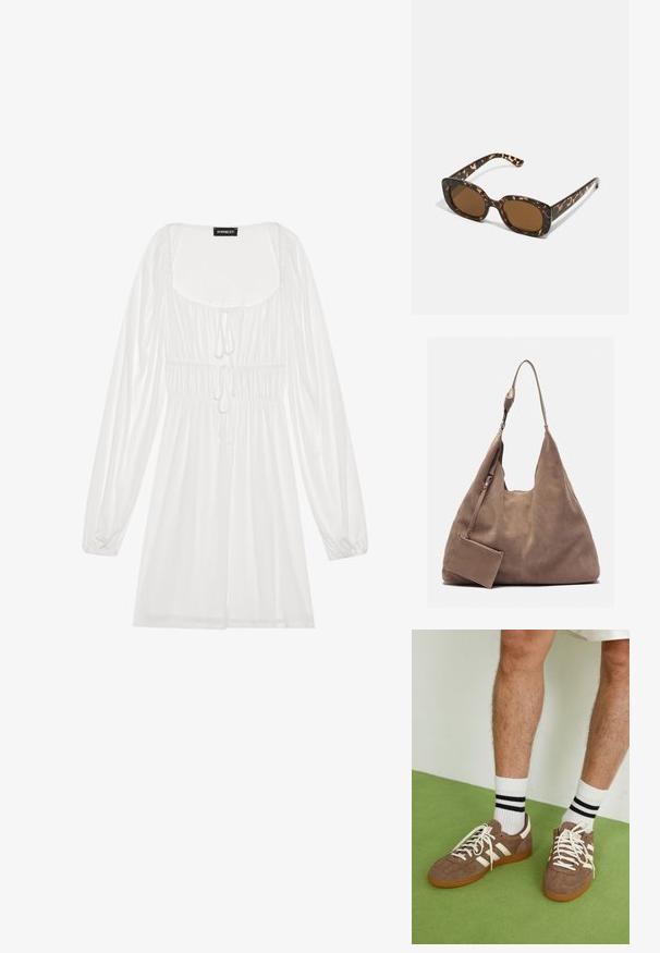 Fehér, hosszú ujjú ruha szögletes nyakkivágással, megkötős derékrészével és bő szoknyájával, könnyű, sima anyagból készült.; Barna velúr sportcipő fehér díszítéssel és fűzővel. Gumi talp. Fehér zoknival viselve, fekete csíkokkal. Zöld, textúrázott padló.; Teknősbéka mintázatú napszemüveg kerek, vastag kerettel és barna lencsékkel. Finom mintázattal és egyenes, keskenyedő szárakkal rendelkezik.; Zign LEATHER - Bevásárlótáska - light brown