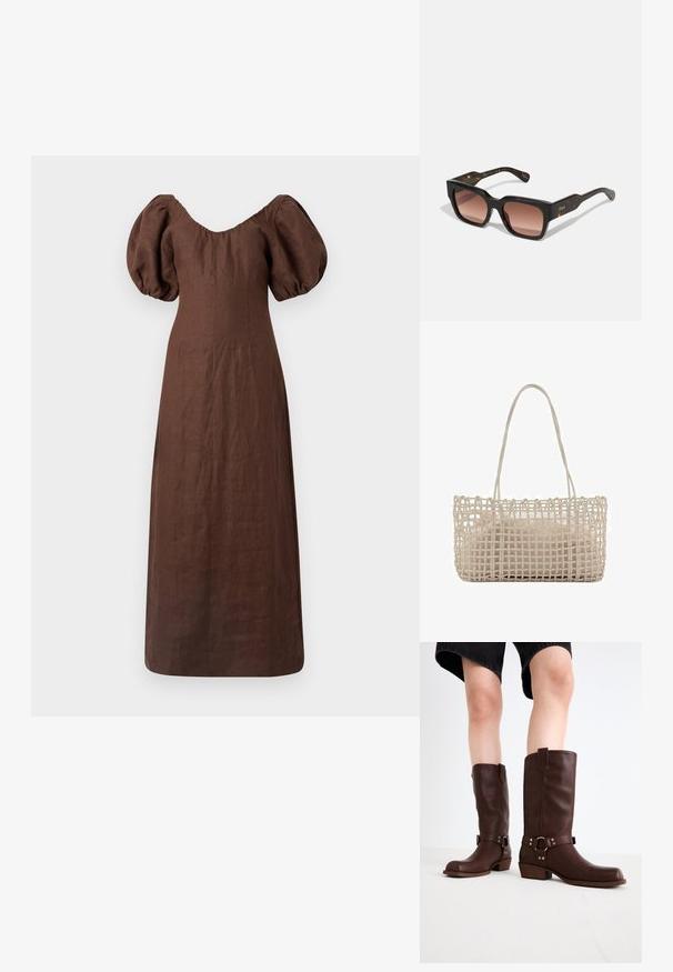 Faithfull the brand VENCE MIDI DRESS - Maxi šaty - bistre; Hnědé kožené vysoké boty ke kolenům s kulatou špičkou, texturovaným povrchem, řemínkem kolem kotníku a detailem ze stříbrného kovu; na podpatku.; CHLOÉ Sluneční brýle - havana copper; Tkaná kabelka z přírodního béžového materiálu, obdélníkového tvaru se soft inner pouch (měkkou vnitřní kapsou); obsahuje dvě dlouhé rukojeti pro pohodlné nošení.