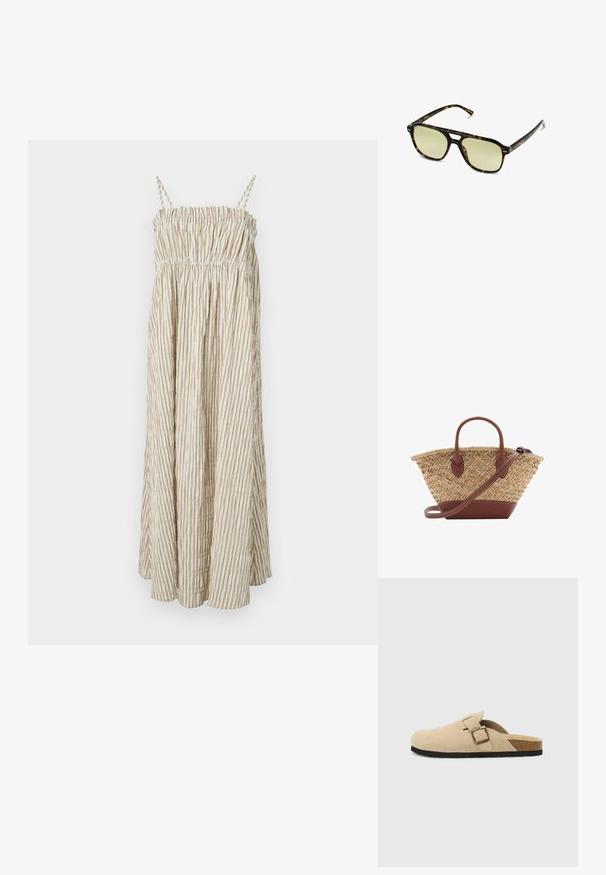 Sukienka bez ramiączek, lekka, z marszczonym stanikiem, z pionowymi kremowymi i beżowymi paskami oraz zwiewną sylwetką.; Beżowe zamszowe klapki z korkową wkładką, zaokrąglonym noskiem i prostym paskiem z złotym zapięciem. Gumowa podeszwa zapewniająca przyczepność.; Słoneczne okulary w kratkę w kształcie prostokąta, z soczewkami w zielonym odcieniu i wzorzystymi ramkami z acetatu. Posiadają metalowe akcenty w pobliżu soczewek.; Woven straw basket bag with brown leather accents, two handles, and a detachable strap. Curved shape with a sturdy base.