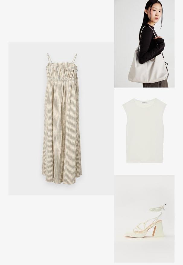 Vestido leve, sem alças, com corpete franzido, apresentando riscas verticais em creme e bege e uma silhueta fluida.; Top branco sem mangas com decote redondo. Feito de um tecido liso, apresenta um corte descontraído e um design minimalista. Sem padrões ou detalhes.; Sandálias brancas de salto alto com um salto robusto, apresentando um design com tiras e amarração no tornozelo. Textura suave com uma plataforma na frente para altura adicional.; Uma bolsa bege feita de material macio, com um design descontraído, detalhes de costura e duas alças para o ombro. Adequada para uso diário.