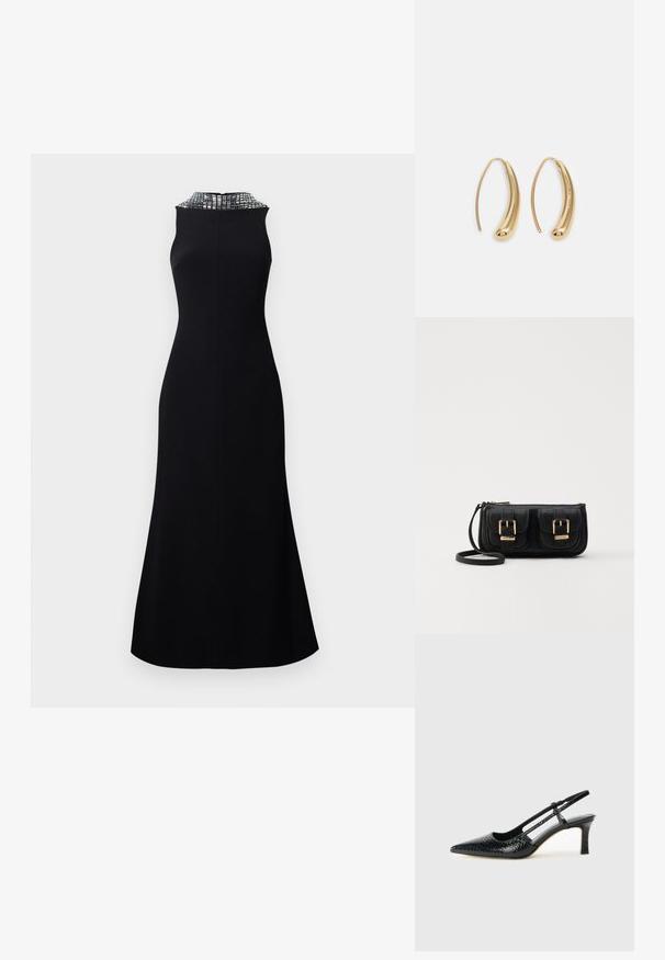 Mustmust värviga sleeveless kleit, millel on sobiv bodice ja laienev seelik. Kaelus on kaunistatud tekstuuriga hõbedase mustriga.; Mustmust paelad, millel on terav varvas, tekstuuriga maduprindiga, reguleeritav rihm ja lühike tekstuuriga plokknina.; Must küllastamata nahast õlakott, millel on kaks esist nähtavat taskut, kuldsed pandlad, tõmblukuga sulgemine ja peen rihm. Tekstuuriga pind ja kompaktne ristkülikukujuline kuju.; Kuldtoonilised metallist rõngas kõrvarõngad, millel on kõver ja piklik kuju. Omavad siledat, läikivat pinda ja ümarat tipptugevdust, mis lisab detaili.