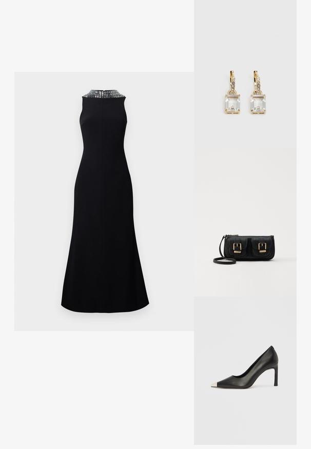 Fekete ujjatlan ruha, melynek testhez simuló felső része és bővülő szoknya van. A nyakkivágását egy textúrált ezüst minta díszíti.; Fekete bőr magas sarkú cipő hegyes orral és fém ezüst orrtippel. Simább kivitelű, karcsú, 10 cm-es sarokkal.; Fekete bőr keresztbody táska két elülső zsebbel, arany csattokkal, cipzáras záródással és vékony pánttal. Textúrált felület és kompakt téglalap alak.; Aranyszínű fülbevalók, melyek egy téglalap alakú, tiszta kristállyal díszítették, ami egy sor kis, kerek, tiszta kiegészítő alatt lóg. Letisztult, modern dizájn.