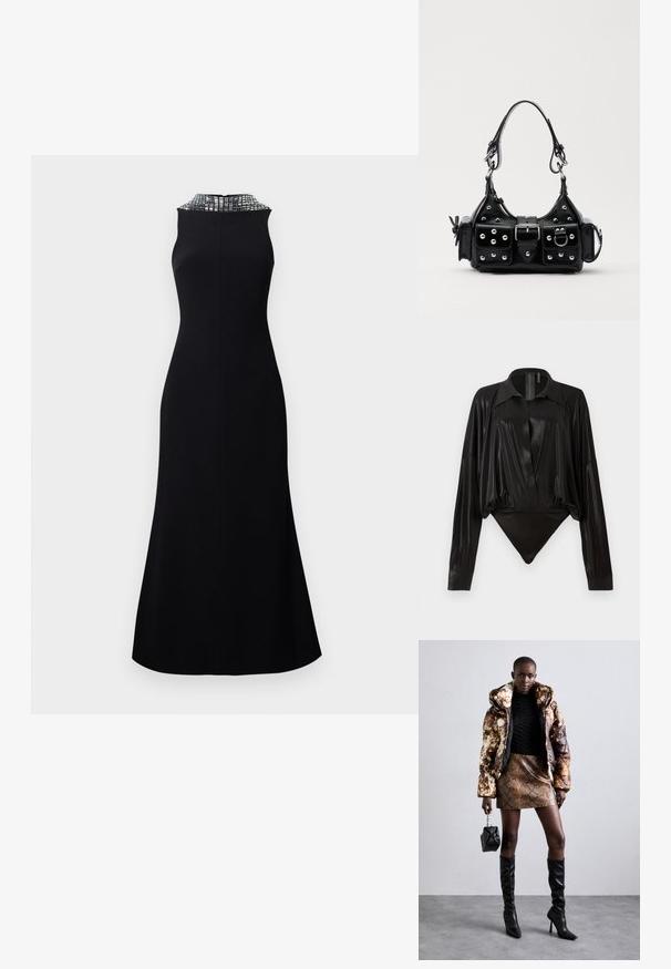 Rochie neagră fără mâneci, cu un corset ajustat și o fustă evazată. Decolteul este decorat cu un model texturat argintiu.; Body negru cu mâneci lungi, decolteu în V și o siluetă ajustată. Fabricat dintr-un material lucios și neted, cu guler structurat și manșete.; Jachetă puffer cu un model maro și negru, asortată cu o fustă mini din piele de șarpe maro, cizme negre până la genunchi și o geantă mică neagră.; Geantă de piele neagră cu un design curbat, dotată cu studuri argintii, o cataramă și două buzunare laterale. Curea ajustabilă pentru opțiuni de transport.