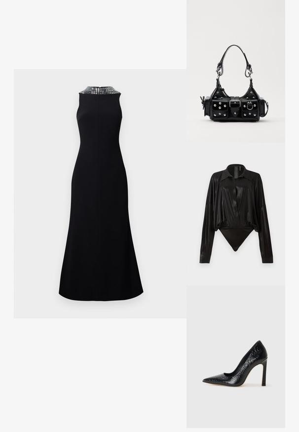Crna haljina bez rukava s pripijenim gornjim dijelom i raširenim suknjom. Izrez je ukrašen teksturiranim srebrnim uzorkom.; Crni bodi s dugim rukavima, V-izrezom i prilagođenim siluetom. Izrađen od sjajnog, glatkog materijala s strukturiranim ovratnikom i manžetama.; Crne visoke potpetice s oštrim prstima, od teksture krokodilske kože, elegantnog dizajna, visoke stiletto potpetice i glatkog crnog unutrašnjosti.; Crna kožna torba s zakrivljenim dizajnom, koja sadrži srebrne zakovice, kopču i dva bočna džepa. Podesiva traka za različite opcije nošenja.