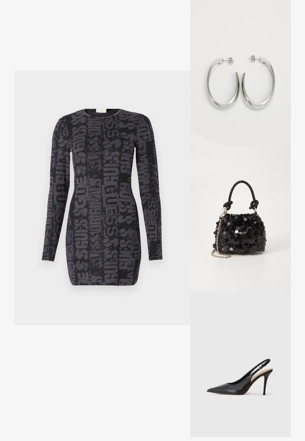 Černé šaty s dlouhým rukávem se opakujícím tmavě šedým vzorem loga "GUESS", přiléhavým střihem a kulatým výstřihem. Hladká textilie.; Černá kožená slingback lodička na vysokém podpatku s špičatou špičkou, hladkým povrchem a jemným páskem se metalickou sponou.; Černá mini kabelka s flitry, s uzlovým texturovaným popruhem a stříbrným řetízkem. Zaoblený tvar s nařaseným vrchem a reflexními detaily.; Stříbrné kruhové náušnice s hladkým, zakřiveným designem. Vyznačují se lesklým kovovým povrchem a zapínáním na patent. Žádné viditelné vzory nebo akcenty.