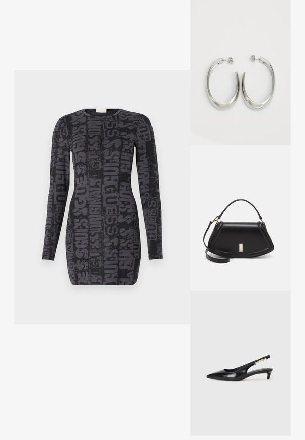 Langärmliges schwarzes Kleid mit einem sich wiederholenden dunkelgrauen "GUESS"-Logomuster, tailliertem Schnitt und rundem Ausschnitt. Glatte Stoffoberfläche.; Schwarze Leder-Slingback-Pumps mit spitzem Schuhblatt, ausgestattet mit einem schlanken Absatz und einem goldfarbigen Akzent am verstellbaren Riemen. Glatte Textur.; Schwarze Lederhandtasche mit einem strukturierten Design, das eine verkürzte Form, einen oberen Griff und goldfarbene Hardware-Details aufweist. Verstellbarer Schulterriemen ist enthalten.; Silberne Creolen mit einem glatten, geschwungenen Design. Mit einem glänzenden metallischen Finish und Steckverschluss. Keine sichtbaren Muster oder Akzente.