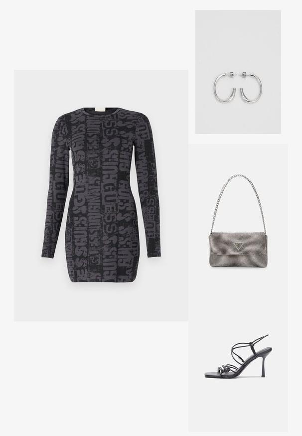 Crna haljina dugih rukava s ponovljenim tamnosivim uzorkom "GUESS" logoa, uskog kroja i okruglim izrezom. Glatka tekstura tkanine.; Crne sandale na visokoj potpetici imaju tanke trake s čvorastim dizajnom, glatki kvadratni vrh i elegantnu stiletto petu.; Svijetlosivi metalik ruksač s lancem, ukrašen malim okruglim metalnim zakovicama i trokutastim logotipom marke.; Srebro naušnice u obliku prstena s glatkom, sjajnom završnom obradom. Zaobljenog oblika, laganog dizajna, s kopčom na poleđini.