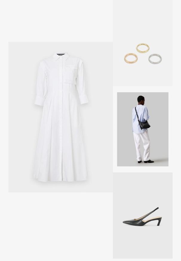 Fehér pamut ingruha, galléros nyakkivágással, hosszú puffos ujjakkal, melletti zsebbel és tágas szoknyával. Gombos záródás.; Fekete, hegyes orrú, slingback cipő alacsony sarkával, sima bőrből készült, oldalt kivágott deisgnal a légáteresztőképesség érdekében.; Fekete bőr válltáska puha tapintással, háromszög alakú, állítható pánttal, világoskék csíkos inggel és fehér nadrággal párosítva.; Három fémgyűrű: az egyik rose gold, a másik texturált akcentusokkal ellátott arany, a harmadik pedig ezüst, mindegyiken gravírozott márkajelzés található a belső sávon.