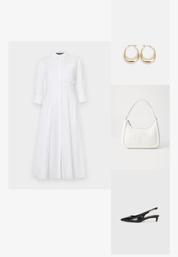 Bílá bavlněná šaty s límečkem, dlouhými nafouknutými rukávy, kapsičkou na hrudi a širokou sukní. Zapínání na knoflíky.; Černé kožené boty na podpatku s otevřenou patou a špičatou špičkou, s tenkým podpatkem a zlatým akcentem na nastavitelném pásku. Hladký povrch.; Bílá kožená kabelka s křivkovým tvarem, na přední straně s vyraženým logem "CK" a jediným ramenním popruhem. Zipový uzávěr na vrchu.; Náušnice ve tvaru kroužku zlaté barvy s půlměsícovým tvarem, lesklým povrchem a závěrečným uzávěrem. Hladká textura a reflexní povrch zvyšují viditelnost.