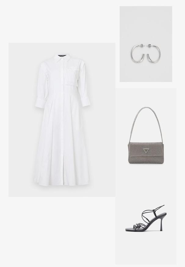 Biała bawełniana sukienka koszulowa z kołnierzykiem, długimi bufiastymi rękawami, kieszonką na piersi i pełną spódnicą. Zapięcie na guziki.; Czarne sandały na wysokim obcasie mają cienkie paski z węzłowym wzorem, gładki, kwadratowy czubek i smukły obcas w stylu szpilki.; Jasnoszara metaliczna torebka na łańcuszku, ozdobiona małymi okrągłymi metalowymi ćwiekami oraz trójkątnym logo marki.; Srebrne kolczyki na biglu o gładkim, błyszczącym wykończeniu. O zaokrąglonym kształcie, lekkim designie, z zamknięciem na zatrzask.