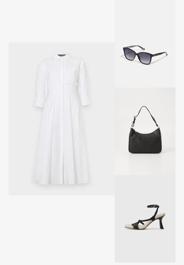 Hvit bomullsskjortekjole med krage, lange puffermer, brystlomme og full skjørt. Knappedesign.; Sorte helårs sandaler med flettet stroppesdesign, firkantet tå og justerbar ankelrem. Lys beige fotseng med glanset svart hæl.; Sorte solbriller med gradientlinser, firkantet form og en strukturert svart-hvitt mønstrede stang. Har en sølvfarget logoaksent.; Svart lærveske med en buet form, en enkelt stropp, glidelåslukking og subtil merkevarebygging på forsiden. Glatt tekstur, minimalistisk design.