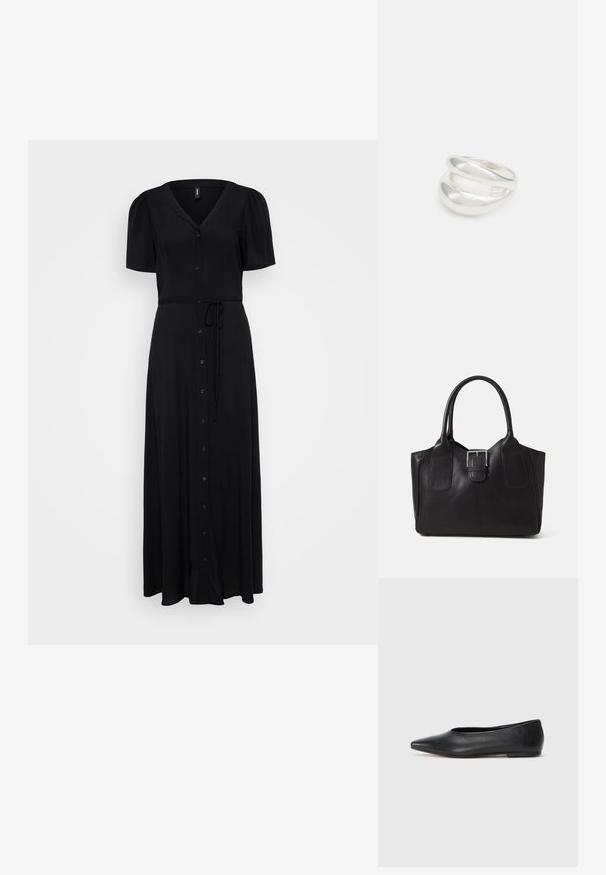 Abito maxi nero con maniche corte a sbuffo, scollatura a V, chiusura frontale con bottoni e cintura da annodare in vita per una vestibilità regolabile.; Ballerine in pelle nera, punta affusolata, design minimalista, texture liscia, tacco basso, senza hardware o decorazioni visibili.; Borsa tote in pelle nera con texture liscia, forma strutturata, due manici e un evidente dettaglio in fibbia argentata sul davanti.; Anello doppio in argento con superficie liscia e lucida. Presenta un design fluido e curvo con sezioni sovrapposte per un aspetto moderno.