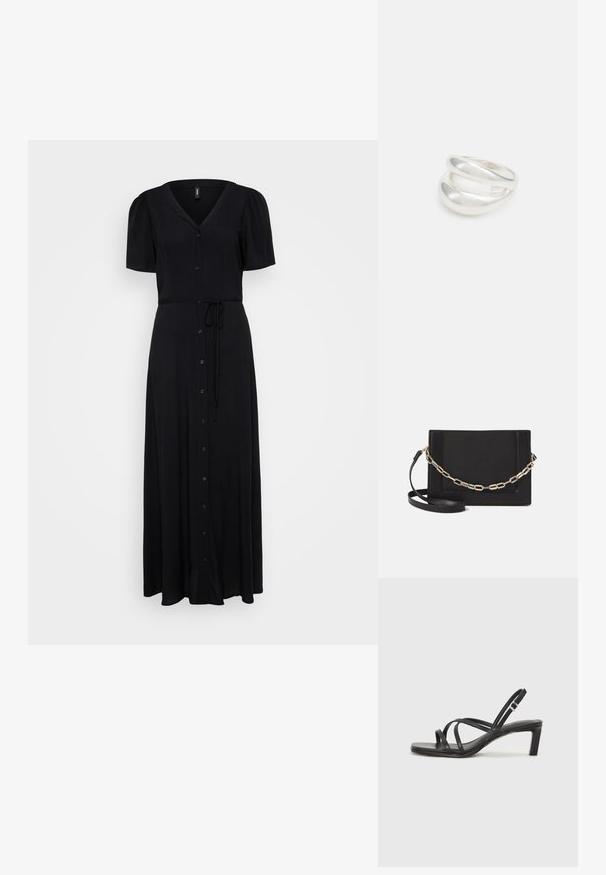 Juodas maxi suknelis su trumpomis pūstomis rankovėmis, V formos iškirpte, priekyje mygtukų užsegimu ir juosmens raiščiu, leidžiančiu reguliuoti tinkamumą.; Juodi šlepetės su kvadratiniu pirštu ir žemu bloku kulnu. Yra keli ploni dirželiai ir reguliuojamas kulkšnies diržas. Pagaminti iš lygios odos.; Juodas odinis per petį nešiojamas krepšys turi lygų paviršių, stačiakampio formą ir metalinę grandinėlę priekyje. Pridedama reguliuojama dirželis.; Sidabrinis dvigubas žiedas su lygiu, poliruotu paviršiumi. Pasižymi sklandžiu, kreiptu dizainu su persipinančiomis dalimis, suteikiančiomis modernų išvaizdą.