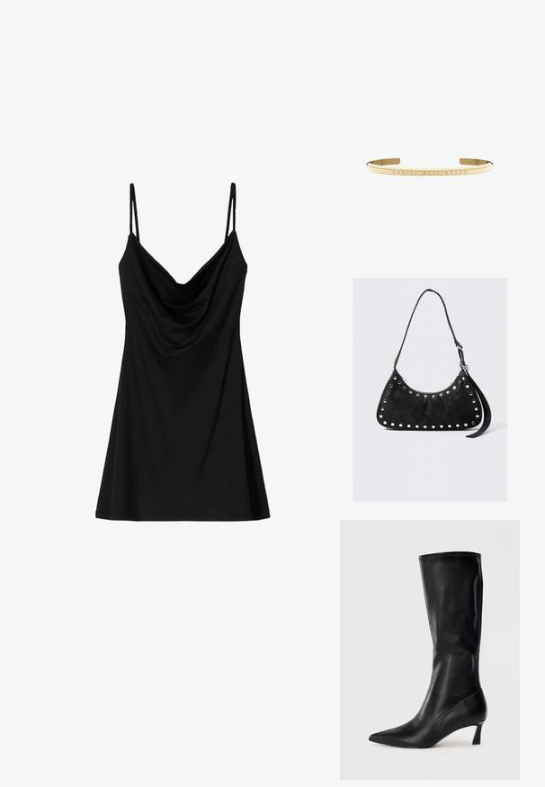 Bershka Denní šaty - black; Černá kožená vysoká bota po kolena s špičatou špičkou a umírněným podpatkem. Hladký povrch a elegantní design s jemnými švy.; Černá kabelka z umělé kůže s oblým tvarem, zdobená kulatými kovovými hroty podél okraje, s uzávěrem na zip a dlouhým popruhem.; Námořnický zlatý kovový náramek s hladkým, leštěným povrchem a vyrytým detailem "DANIEL WELLINGTON" podél pásku.