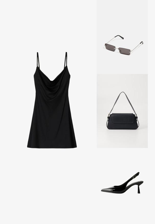Bershka Denné šaty - black; Čierne lakované kožené slingback lodičky s špicatou špičkou, vyrezávanými bokmi, nastaviteľným remienkom okolo členka a tenkým, elegantným podpätkom.; Slnečné okuliare s obdĺžnikovými, tmavosivými sklami, striebornými kovovými rámami a čiernymi plastovými koncami na rúčkach. Ľahký dizajn s nosovými podložkami.; Čierna kožená kabelka s obdĺžnikovým tvarom, plochým uzáverom a jedným ramenným popruhom. Vyznačuje sa hladkou textúrou a minimom hardvérových akcentov.