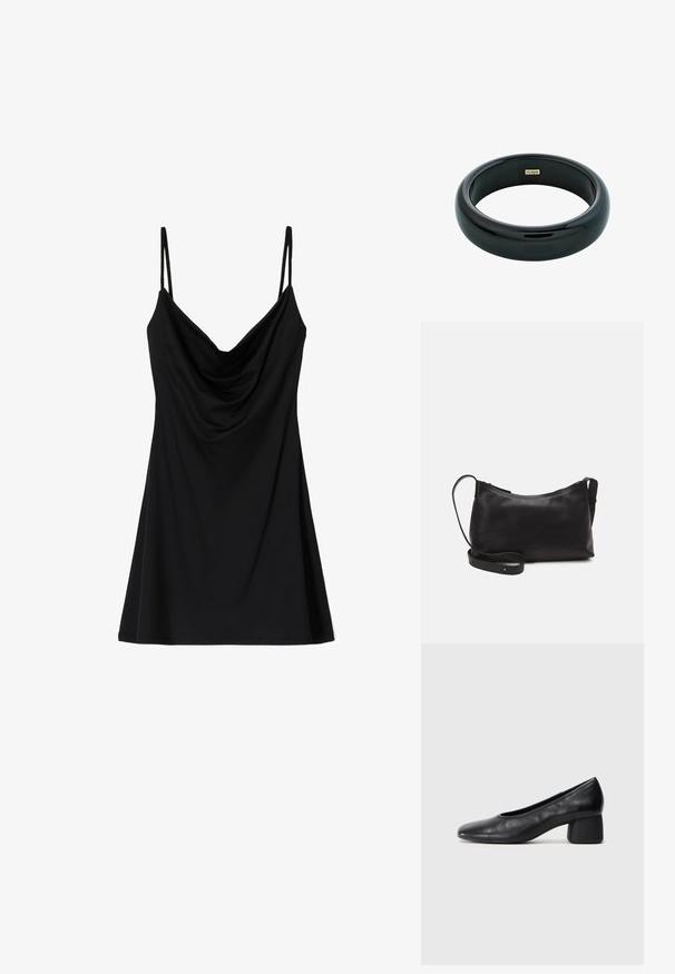 Bershka Denné šaty - black; Čierne kožené lodičky s okrúhlou špičkou a stredne blokovým podpätkom. Hladká textúra s minimálnymi detailami, so subtílnym elastickým otvorom.; Čierna kožená ramenná taška s hladkou textúrou, zakriveným tvarom, nastaviteľným popruhom a zipsom. Minimalistický dizajn bez ozdôb.; Čierny živicový náramok s hladkým, lesklým povrchom a zaoblenými hranami. Na vnútorné strane sa nachádza malé zlaté logo "Pilgrim".