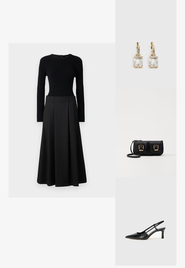 Melna divdaļīgā apģērba komplekts, kurā iekļauts ribota garām piedurknēm augšējā daļa un plūstoša A formas svārki, abi izgatavoti no viendabīgas melnas krāsas ar gludu tekstūru.; Melna patent āda ar slīdošo papēdi un smailo purngalu, ar teksturētu čūsku drukājumu, regulējamu siksniņu un īsu teksturētu blokpapēdi.; Melnas ādas crossbody soma ar divām priekšējām kabatām, zelta sprādzēm, ar rāvējslēdzēju aizdari un šauru siksnu. Strukturēta virsma un kompakta taisnstūra forma.; Zeltītas auskaru rotas, kuru centrā ir taisnstūra formas caurspīdīgs kristāls, kas karājas zem mazu, apaļu caurspīdīgu akcentu rindas. Elegants, mūsdienīgs dizains.