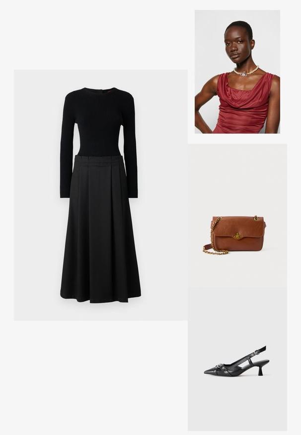 Juodas dviejų dalių komplektas, susidedantis iš glotnaus audinio ilgomis rankovėmis viršaus su rilėtomis rankovėmis ir laisvos A formos sijono, abu solidžiai juodi.; Juodas odinis slingback tipo batai su smailiu priekiniu atvartu, dekoratyvinėmis sagtimis su metaliniais akyčiais ir žemu blokiniu kulnu. Saldus paviršius.; Ruda odinė per petį nešama kuprinė su užsegimu ant sklendės, auksinės spalvos aksesuarais ir grandinėlės dirželiu. Lygus paviršius, stačiakampio forma, minimalus apipavidalinimas.; Raudona su kapišonu suknelė su glotnia tekstūra. Papuošta perlų karoliu su dekoratyviniu sidabro akcentu centre.; Raudona su kapišonu suknelė su glotnia tekstūra. Papuošta perlų karoliu su dekoratyviniu sidabro akcentu centre.