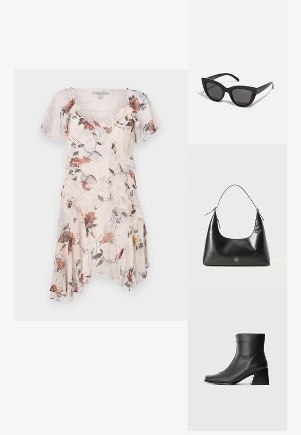 Kukallinen mekko, jossa on lyhyet hihat, frillasauma ja kietaisumalli. Materiaali näyttää kevyeltä ja läpikuultavalta, ja siinä on pastellivärit.; Mustat nahka nilkkurit, joissa on nelikulmainen kärki, sivuvetoketju ja lohkarekorko, taustalla vaalea yksinkertainen tausta.; Mustat kissansilmäaurinkolasit, joissa on matta pinta, harmaansiniset linssit, terävät kulmat ja tyylikkäät sivuvarret. Brändin nimi näkyy sisävarsissa.; Musta sileä nahkainen olkalaukku, jossa on kaareva yläosa, yksittäinen olkahihna, vetoketjukiinnitys ja pieni hopeinen logo embleemi etukeskellä.