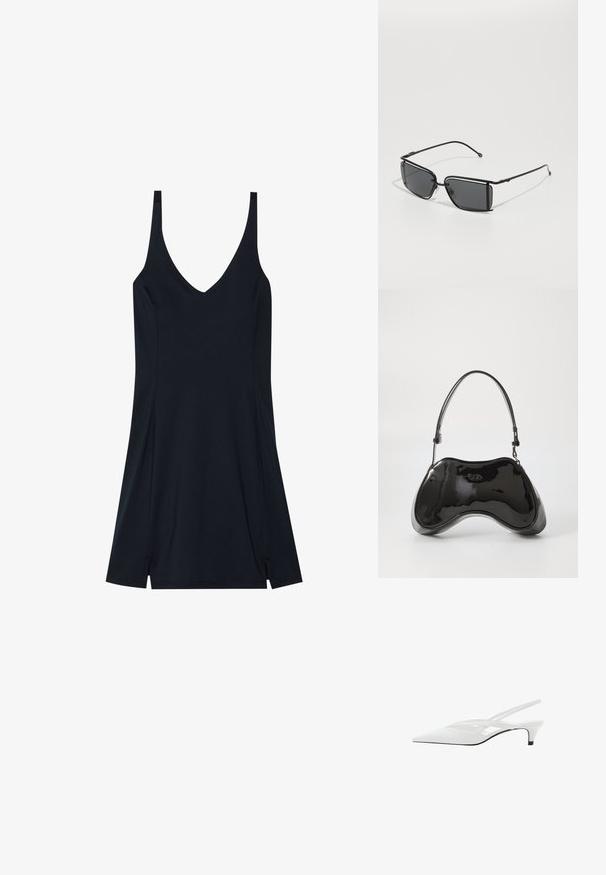 Zwarte mouwloze jurk met een V-hals, gemaakt van zachte stof. Beschikt over een vloeiende pasvorm met zijsplitten aan de zoom voor verbeterde beweging.; Witte slingback hak met spitse neus, voorzien van een gladde bovenkant, subtiele uitsparingen en een lage blokhak. Zwarte zool accentueert het ontwerp.; Zwarte rechthoekige zonnebril met een dunne metalen rand en donkergetinte lenzen. Heeft een minimalistisch ontwerp en slanke pootjes.; Zwarte gepatenteerde leren handtas met een unieke gebogen vorm, korte verstelbare handgreep en een ritsopening. Glad uiterlijk met subtiele branding.