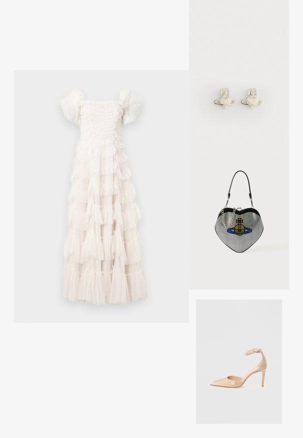 White tiered dress with a square neckline and puff sleeves. Made of sheer fabric with textured ruffles and small polka dots throughout.; Nude patent leather pointed-toe shoe with an ankle strap and a stiletto heel, featuring a smooth texture and minimalistic design.; Heart-shaped handbag made of mesh with a metallic finish, featuring a cat and planet design in blue, yellow, and red. Includes a chain strap.; Silver earrings featuring a heart-shaped design with a ring around it, embellished with small clear stones and a detailed cross accent.